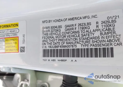 2021 Acura Tlx Technology Package из США, поврежденный, VIN 19UUB6F45MA007875